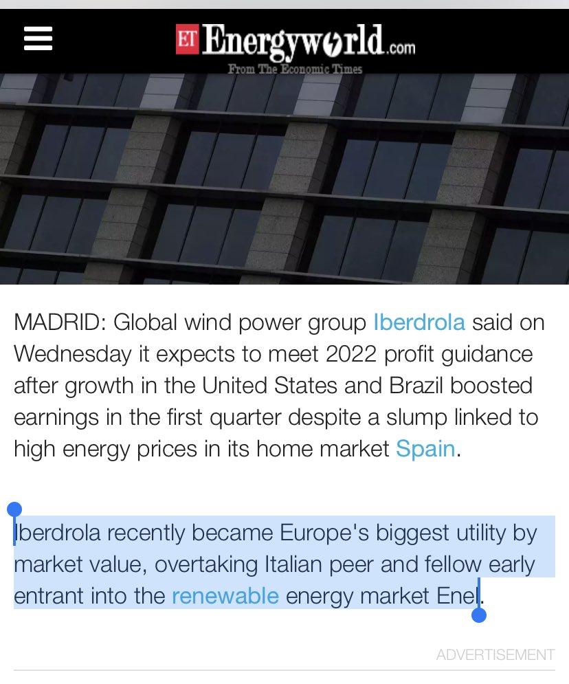 KingdomRadios's tweet photo. Iberdrola recently became Europe's biggest utility by market value, overtaking Italian peer and fellow early entrant into the renewable energy market Enel.
Reuters April 27, 2022
$IGEX @IGEX_Official #Iberdrola #Murcia #Spain #3WayMerger #VW #PERTE #BatteryStorage #EV https://t.co/uEdNgvgPLf