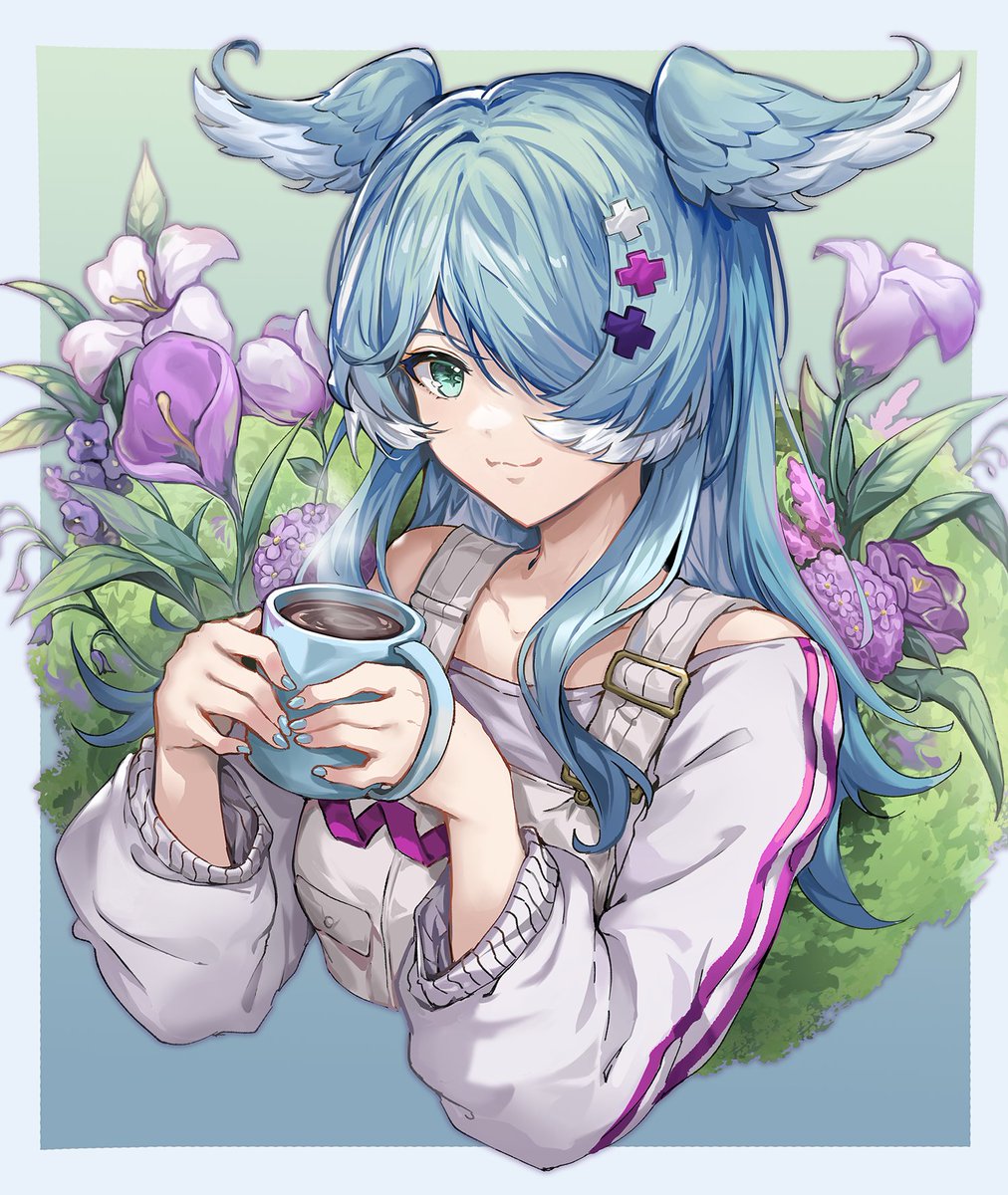 elira pendora 1girl solo flower head wings cup hair over one eye holding  illustration images