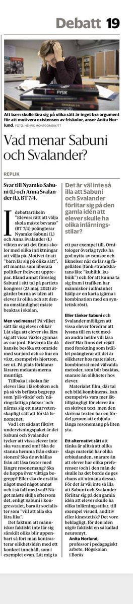 Så här svarade jag Sabuni häromdagen angående det bekymmersamma mantrat att ”alla elever lär på olika sätt”.