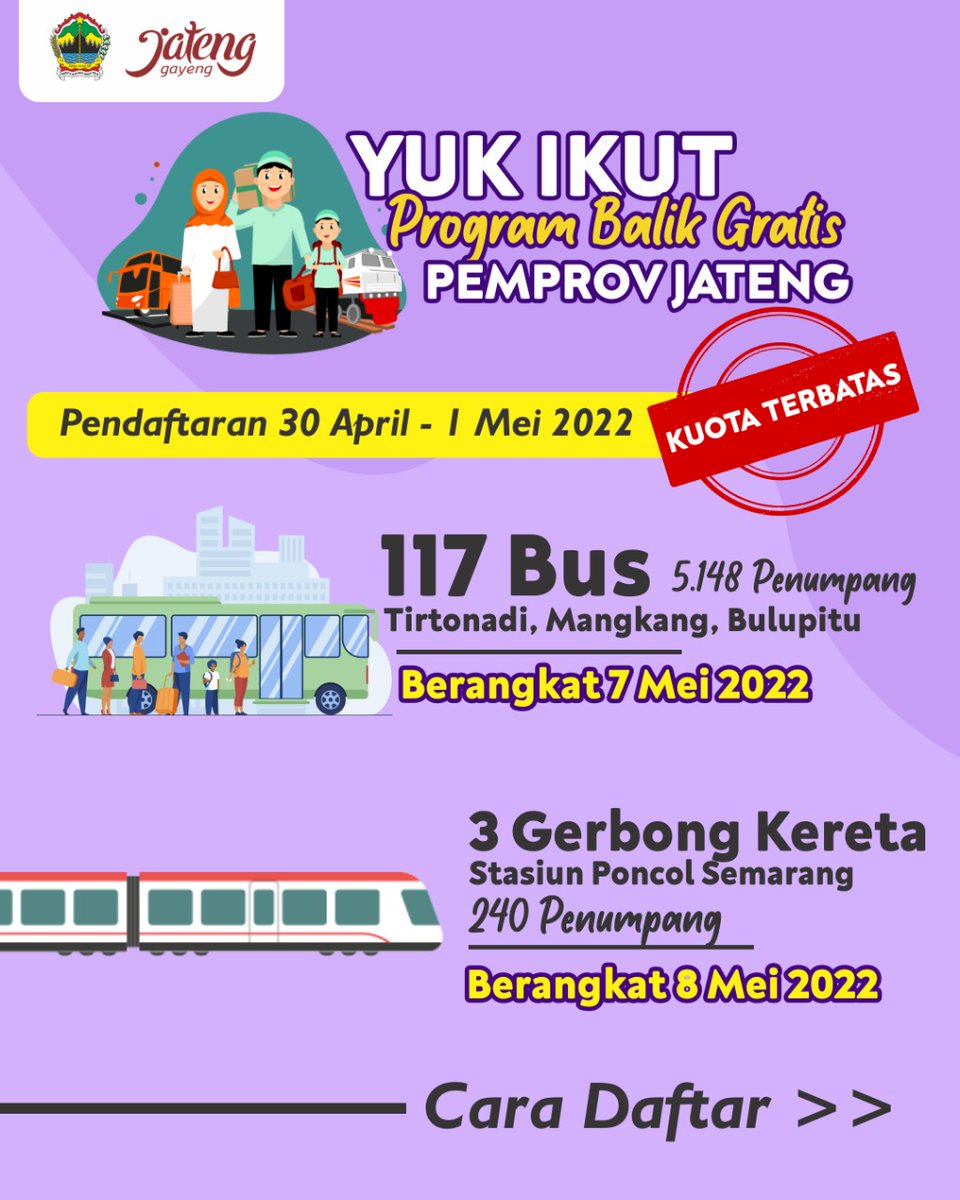 komdigi_jateng's tweet photo. Pendaftaran program Balik Gratis Pemprov Jateng telah dibuka, yuk segera ikutan..
Kuotanya terbatas lho..

Baca dan cermati ketentuan serta cara daftarnya berikut ini ya.. https://t.co/FkhYOv30i4