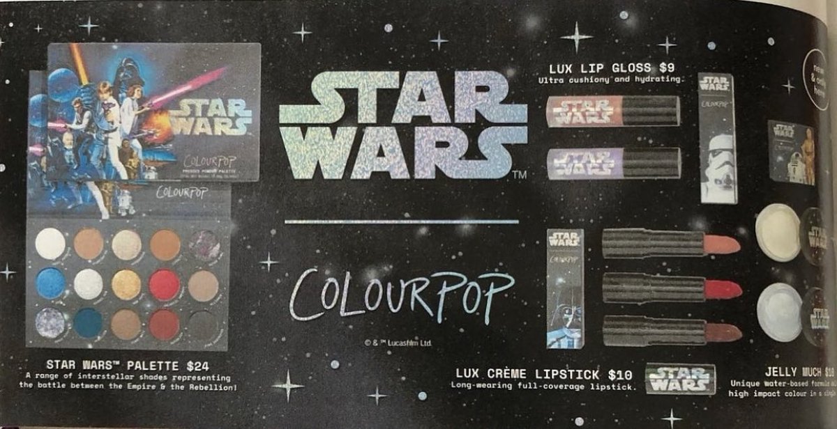 #Revealed 🚨 🙀😍NEW!! Collection
<a href="/ColourPopCo/">ColourPop Cosmetics</a> X @StarWars  🖤
Includes:
Star Wars palette: $24
Jelly Much: $10
Lux Creme lipsticks: $10
Lux Lip Gloss: $9
Online ➡️ May on their website *use code: TRENDMOOD 10% off 📸 @mz_lupe2u