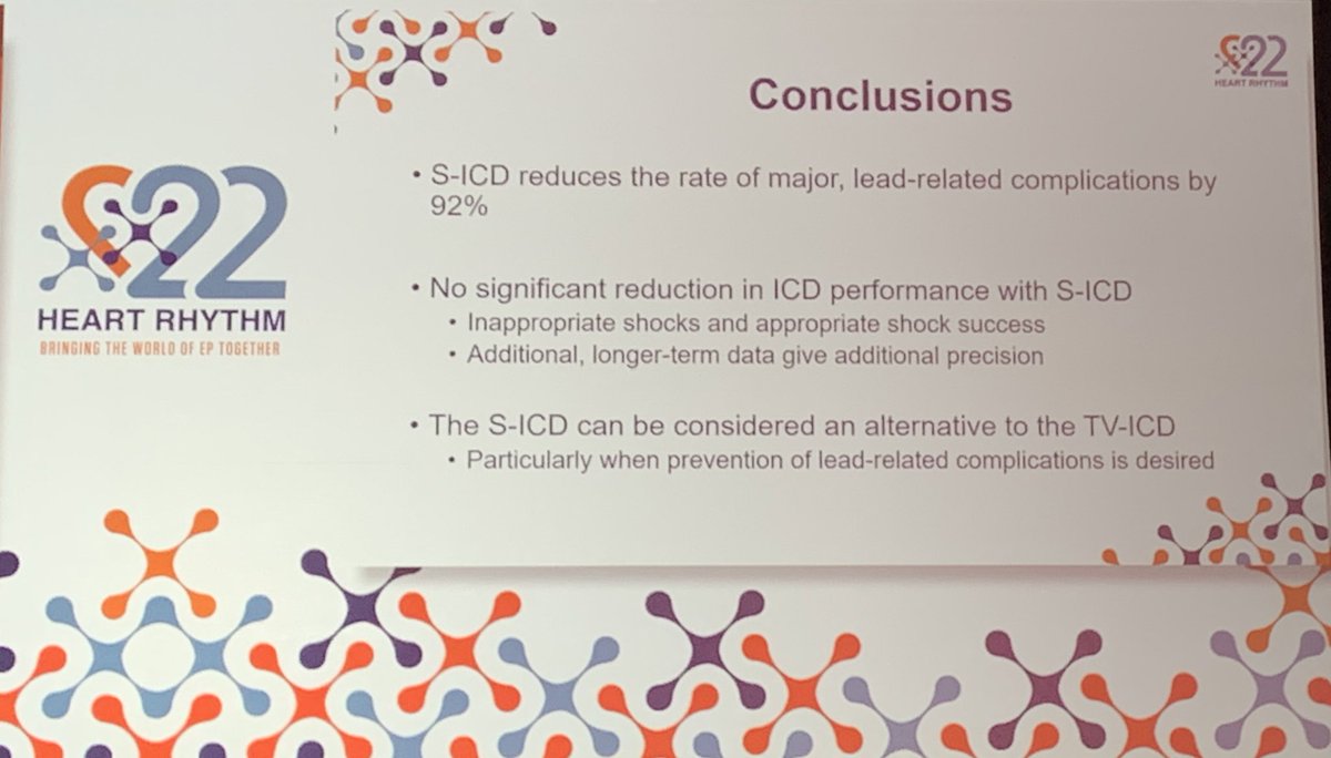 ✨ #LBCT #HRS2022

ATLAS (S-ICD vs TV-ICD)

🔹 92% ⬇️ lead related complications
🔹 22% ⬇️ in safety outcomes
🔹 no difference in ICD efficacy/inappropriate shocks
🔹 all cause re-op: HR 0.78 (p=NS) 
(🔹 Young, mostly men, ~30% CAD)