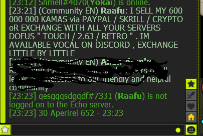 TokenGuildRushu's tweet photo. Is this against Ankama TOS to buy/sell in-game items for irl currency or such? Regardless, the /c chat on Echo is getting filled with the repetitive nature of this and similar postings. @DOFUS_EN @DofusMods_EN https://t.co/tl8exDLV2e