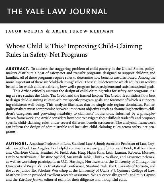 The Yale Law Journal (@yaleljournal) on Twitter photo In their Article, @JacobSGoldin (<a href="/StanfordLaw/">Stanford Law School</a>) and @AJurowKleiman (<a href="/LoyolaLawSchool/">Loyola Law School</a>) analyze child-claiming rules in social safety net programs, arguing for policy design that supports children from familial structures of all kinds: yalelawjournal.org/article/whose-… In their Article, @JacobSGoldin (<a href="/StanfordLaw/">Stanford Law School</a>) and @AJurowKleiman (<a href="/LoyolaLawSchool/">Loyola Law School</a>) analyze child-claiming rules in social safety net programs, arguing for policy design that supports children from familial structures of all kinds: yalelawjournal.org/article/whose-…