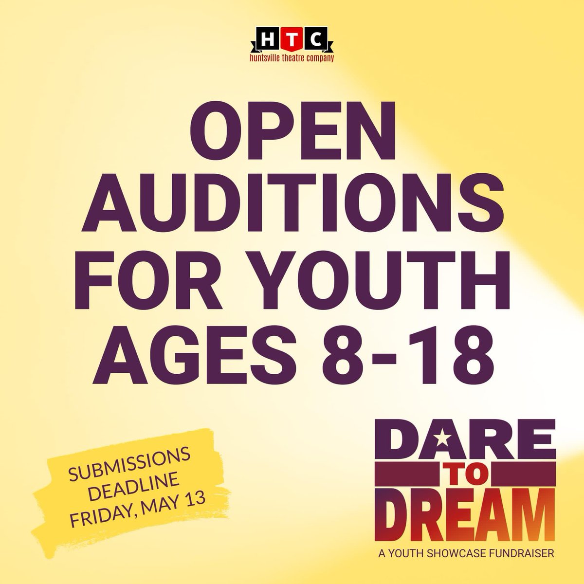 Do YOU Dare to Dream? 🤩

Submit your audition today for HTC's 'Dare to Dream', a fundraiser showcase for our Theatre is my Passion and HTC Scholarship programs.

Info is on our website! huntsvilletheatre.org/theatre-is-my-… 

#daretodream #huntsvilletheatre #livetheatre #youth