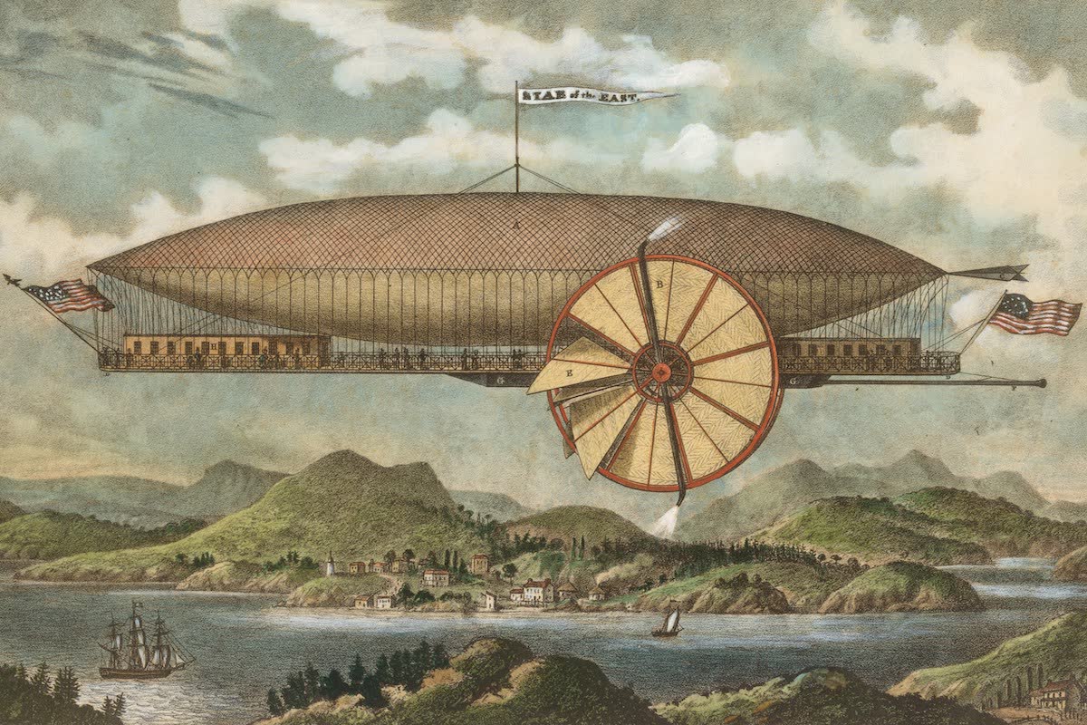 FrankensteinHug's tweet photo. c1800-1900 lithograph from New York - Prince's, Aerial Ship "Star of the East". Described as a 300ft X 50ft balloon of gum elastic, cabins made of willow, rudder, open fans, and a G.G. receiver for rarifying the air" https://t.co/jKk1bGqGk4