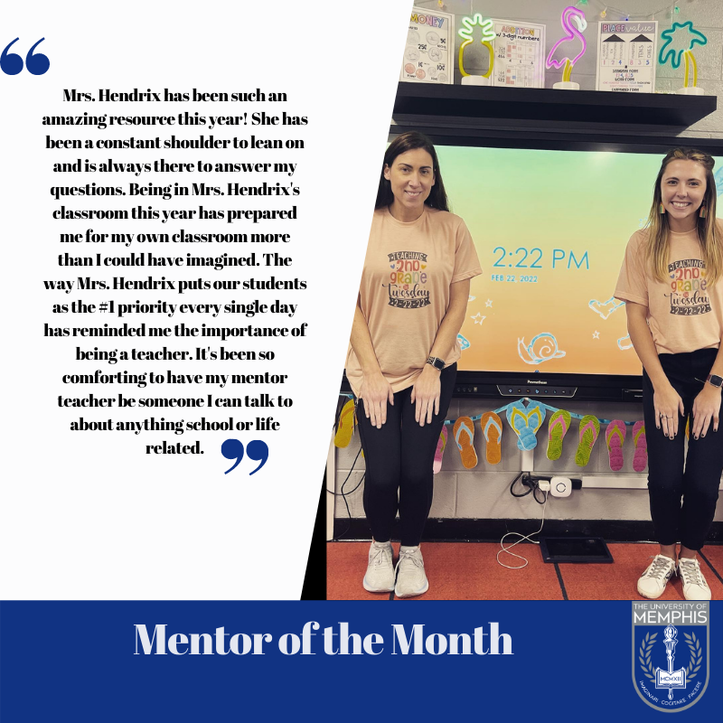 Congratulations to Sara Hendrix for being named a Mentor Teacher of the Month from the University of Memphis. #WeAreRiverdale <a href="/gmsdk12/">Germantown MSD</a>  #engagetheraider