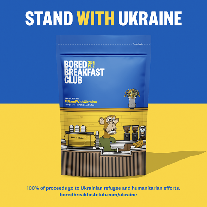 Bored Breakfast Club is donating 100% of proceeds from our #StandWithUkraine coffee blend to <a href="/MilaKunisv/">Mila Kunis</a> and <a href="/aplusk/">ashton kutcher</a>'s fundraiser supporting Ukrainian refugee and humanitarian efforts. 🇺🇦 

Caffeinate for a cause. <a href="/BoredApeYC/">Bored Ape Yacht Club 🍌</a> 

boredbreakfastclub.com/ukraine
