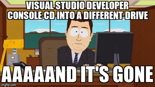 overflow_meme's tweet photo. Visual Studio Developer Console cd into a different drive https://t.co/dQyeKfxeLG #c #visualstudio2015 https://t.co/fDDnZYoPUl