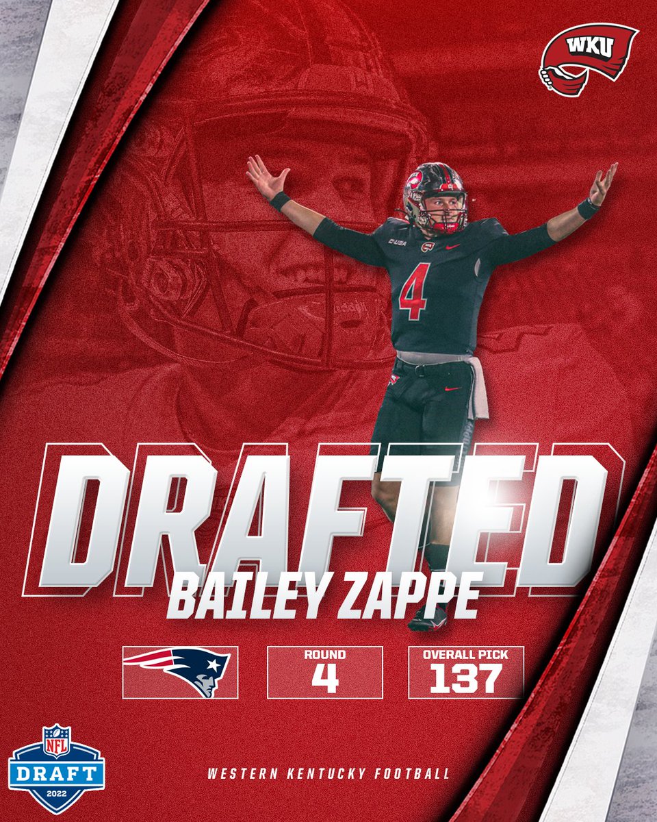 WKU Football (@wkufootball) on Twitter photo ๐๐๐ผ๐๐๐ ๐๐๐
Congrats to <a href="/baileyzappe04/">Bailey Zappe</a> on being selected with the 137th overall pick in the fourth round of the NFL Draft by the <a href="/Patriots/">New England Patriots</a>โผ๏ธ
#GoTops | #ProTops ๐๐๐ผ๐๐๐ ๐๐๐
Congrats to <a href="/baileyzappe04/">Bailey Zappe</a> on being selected with the 137th overall pick in the fourth round of the NFL Draft by the <a href="/Patriots/">New England Patriots</a>โผ๏ธ
#GoTops | #ProTops