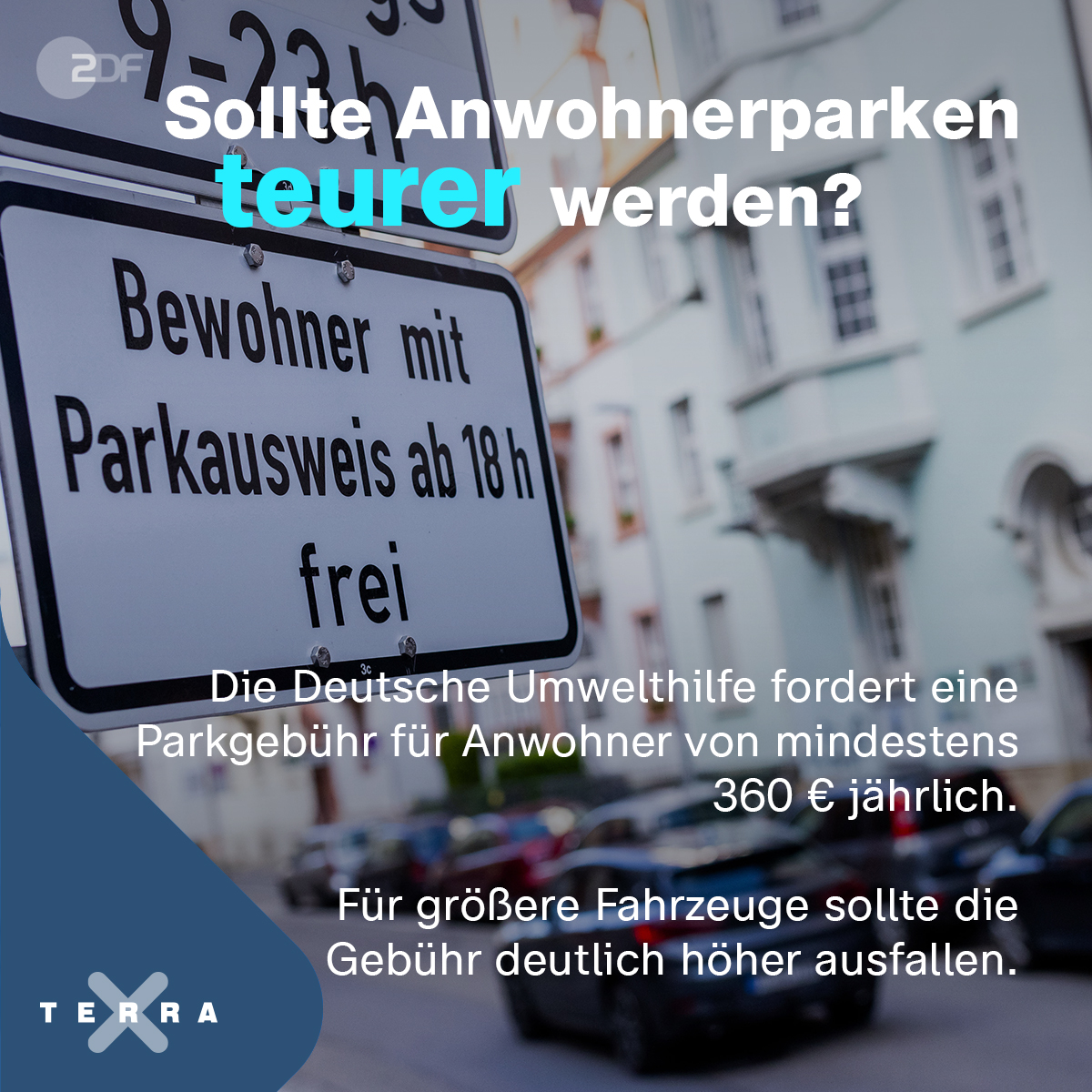 Sollte Anwohnerparken teurer werden?
Die Deutsche Umwelthilfe fordert eine Parkgebühr für Anwohner von mindestens 360€ jährlich. Für größere Fahrzeuge sollte die Gebühr deutlich höher ausfallen.