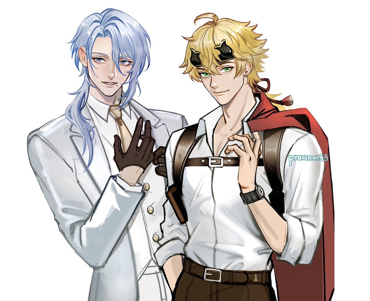 kamisato ayato ,thoma (genshin impact) 2boys multiple boys blonde hair male focus horns horned headwear green eyes  illustration images