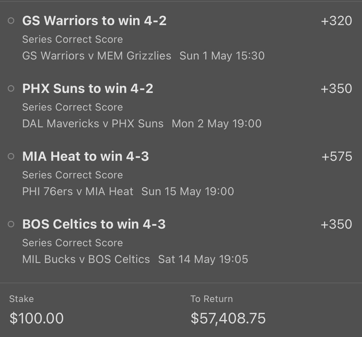 SmartPlaysDaily's tweet photo. NBA Correct Series Score parlay 

Risking $100 to return $57,000 🤯 

Giving 5 people who RETWEET this post $1,000 each after this wins 🚨 https://t.co/xmFCcIuQZL