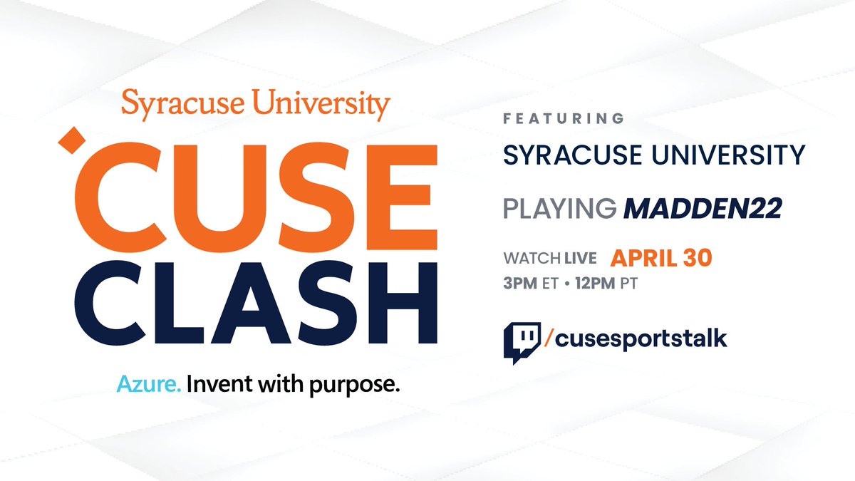 JoinSuperLeague's tweet photo. In ONE HOUR, we'll be broadcasting 'CUSE CLASH, powered by @Azure! Tune in for a #Madden22 tournament featuring All-Star @SyracuseU athletes @najemurray, @cjfair, @CameronLynch50, & @mcarterwilliams! ๐๐งก
๐ on @CuseSportsTalk_: https://t.co/hwTp4psOCD https://t.co/h2HvLtYN8y