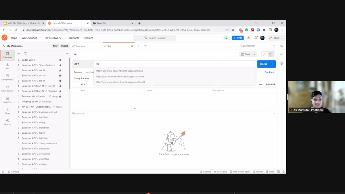 Attended a great workshop "API 101 using Postman" hosted by <a href="/ialimustufa/">Ali Mustufa</a>, organised by <a href="/Girlscript1/">GS Labs (by GirlScript Foundation)</a> Learnt a lot about Postman, API basics, request-response cycle, and some basics methods such as get, post, put, delete on which we had a hands-on practical.
#PostmanStudent
