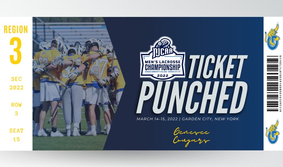NJCAALacrosse's tweet photo. The Cougars are 𝙞𝙣!

Genesee punches its ticket to the 2022 #NJCAALacrosee Men's Championship after winning the Region 3/NJCAA North B District Championship.

https://t.co/PHmsgKT09l https://t.co/C9sEIcTNn5