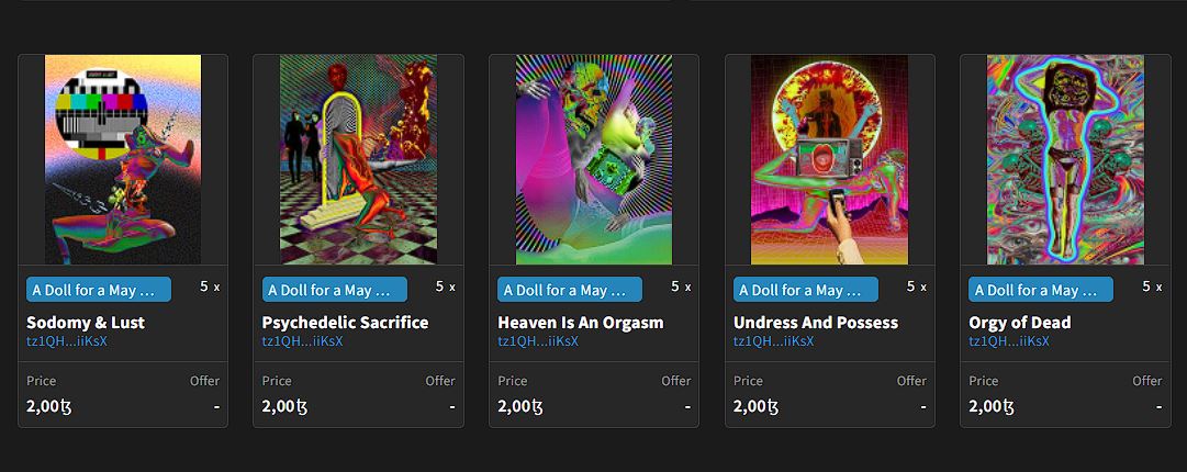 🚨 #newdrop 🚨
A Doll for a May Moon Collection
🔥5 psychedelic erotic pieces! 
all them minted 5/5 
Price: 2 #tezos 

objkt.com/explore/tokens…
👇Links👇

#CleanNFT #objkt #collection #collage #Psychedelicart