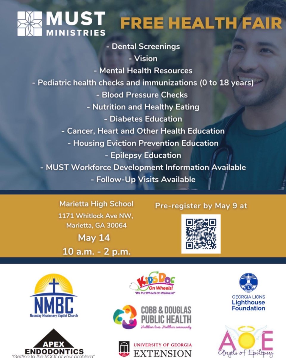 AOEpilepsy's tweet photo. Join MUST Ministries FREE health fair at Marietta High School on May 14th from 10am - 2pm! 

Meet Angels of Epilepsy there and receive much information, resources, tools, and gifts! 🙂 

Register here: https://t.co/QIlEk58zqG

#Georgia #HealthFairs #EpilepsyEquity https://t.co/99DRNsqF9S