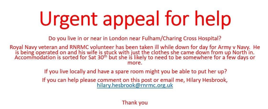 Tweeting on behalf of <a href="/hilaryj70/">Hilary Hesbrook</a> - any of my contacts able to help - please contact Hilary directly #ArmyNavyRugby <a href="/RNRugby/">Royal Navy Rugby</a> <a href="/armyrugbyunion/">Army Rugby Union</a>