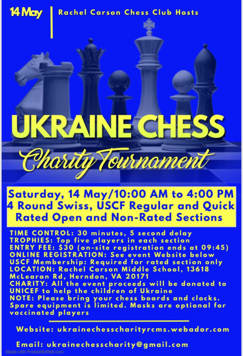RCMS_PTA's tweet photo. Ukraine 🇺🇦 Chess - Charity Tournament 
Students could receive community service hours for participating. 
They also do not have to stay for the whole event. https://t.co/M4M9eJR501