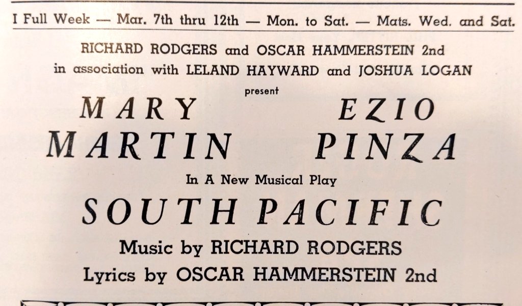 It happened in #NHV 🎶
Rodgers' &amp; Hammerstein's #SouthPacific started with a month of rehearsals in New York. It moved on to a week of tryouts in New Haven on March 7, 1949. 
I think you know how that turned out. It's on tour, as we speak. 
#NewHavenMuseumAtHome