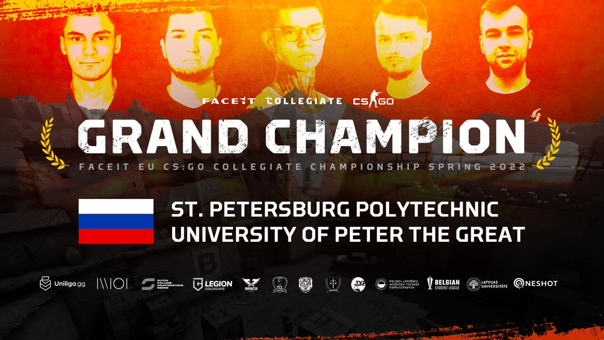 FACEITCollege's tweet photo. Russia's St. Petersburg Polytechnic University of Peter the Great are the first-ever @FACEIT EU #CSGO Collegiate CHAMPIONS. 🏆 CONGRATULATIONS! 🇷🇺 https://t.co/007XHFah9M
