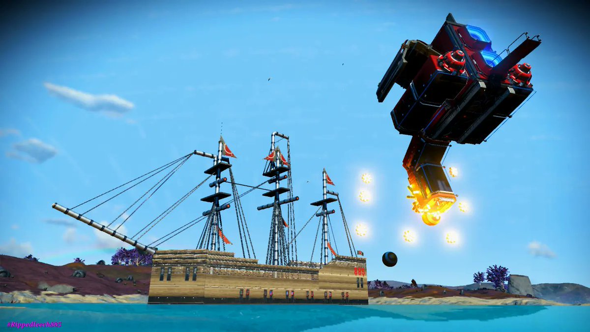 Rippedleech885's tweet photo. No Man's Sky - Just finished my final quest on the Blighted Expediton - Establish a Base. 
My Pirate ship shooting cannons at a space ship Base. 
@NoMansSky @hellogames @NMSCord @NoMansShare @NoMansSkyHub @NoMansShots https://t.co/HzViVxSrkK