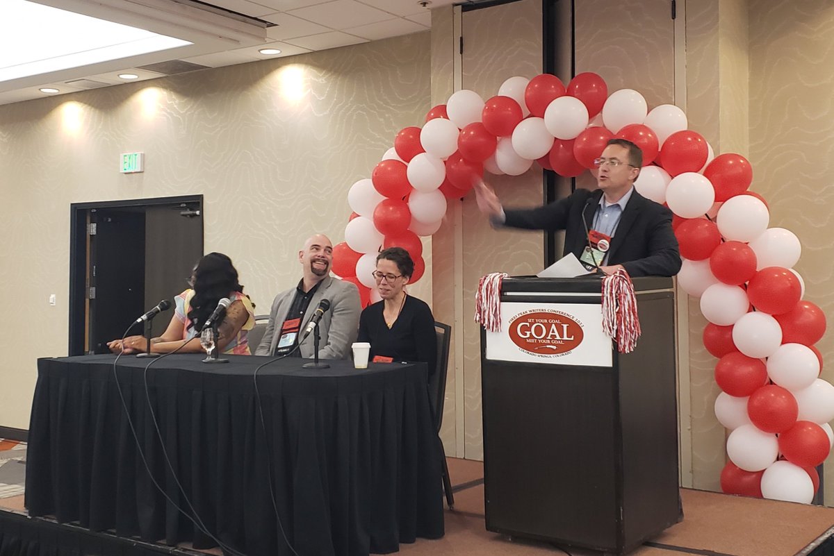 Keynote panel with @Naima_Simone <a href="/MarkLeslie/">Mark Leslie Lefebvre</a> <a href="/JaneFriedman/">Jane Friedman</a> at <a href="/PikesPeakWrite/">Pikes Peak Writers</a> Conference. 
Moderated by Bowen Gillings. #PPWC2022