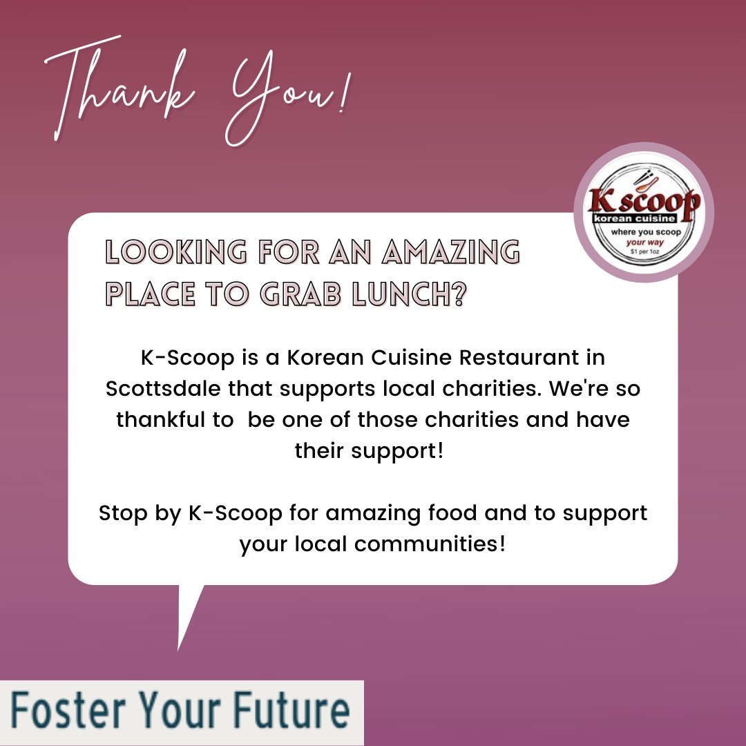 fosterfutureaz's tweet image. Check out K-Scoop to get delicious food while also supporting FYF! K-Scoop helps support local charities by donating a portion of the tips.

Below is their address so you can stop by!

16459 N Scottsdale Rd #119,
Scottsdale, AZ 85254

#aznonprofit #fostercare #fosteryourfuture