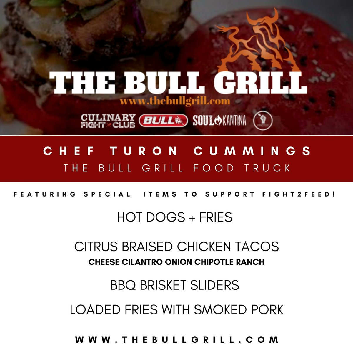 The Bull Grill Food Truck is at tomorrow's Culinary Fight Club Season IX Chicago Blended Burger Battle !  Check out this special menu just for our event to support our charity of choice partner Fight2Feed.  Tickets Here : buff.ly/3Lkou2u