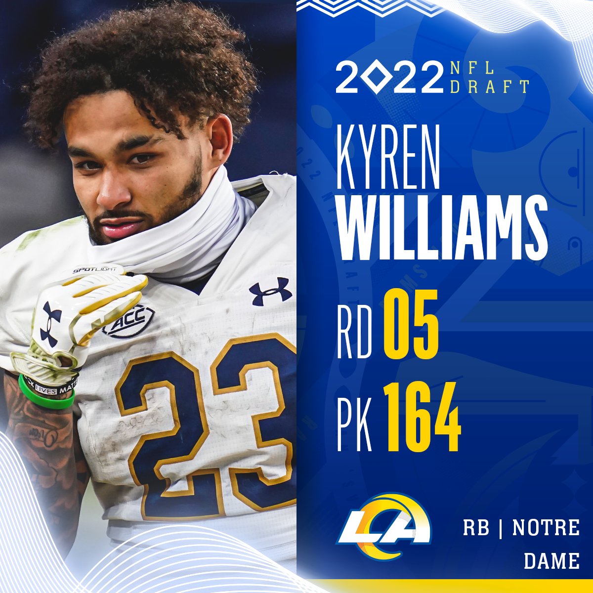 NFL's tweet photo. With the No. 164 overall pick in the 2022 @NFLDraft, the @RamsNFL select Kyren Williams! 

📺: 2022 #NFLDraft on NFLN/ESPN/ABC https://t.co/lurRSHtumD