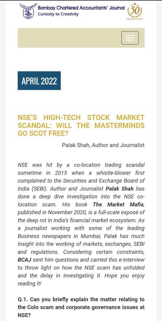 bcasglobal's tweet photo. A latest #BCAJ article covers an e-interview with @palakshahjourno Author &amp; Journalist, that throws light on how the NSE #Coloscam has unfolded and the delay in investigating it. #NSE #BusinessNews #StockMarket #CapitalMarkets
Hope you enjoy reading it! https://t.co/9jkQgs0ZL5 https://t.co/P2Qs3bRNvw