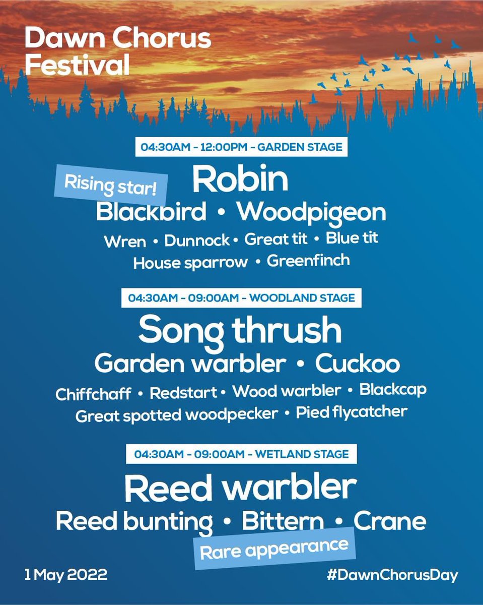 The line up for the best natural concert in the world! 

Tomorrow is #DawnChorusDay - so set those alarms to make the most of this beautiful soundscape. You could join the <a href="/Natures_Voice/">RSPB</a> in person, tune in online or just head to your favourite spot to enjoy the magic!! 🎶 🤩