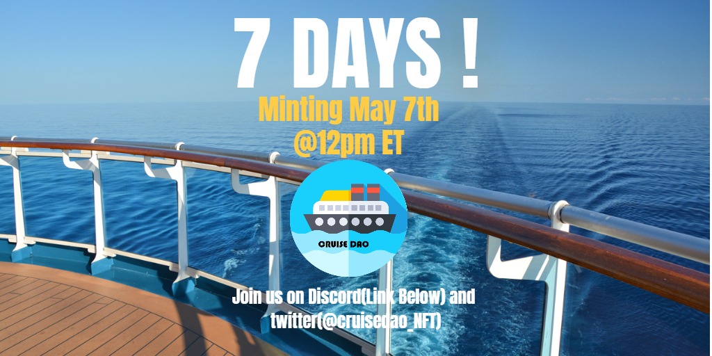 Can't wait for you all to join us <a href="/cruisedao_nft/">CruiseDAO</a> ! let's continue to grow together!!

🛳️🛳️🛳️🛳️🛳️🛳️🛳️🛳️🛳️🛳️🛳️

#CruiseDAO #DAO #travel #membership #eth #Metamask #openseanft #NFTdrops #Minting #NOW #cryptoart #Ethereum #moonbirds #BAYC #cryptopunks #Metaverse #IRL