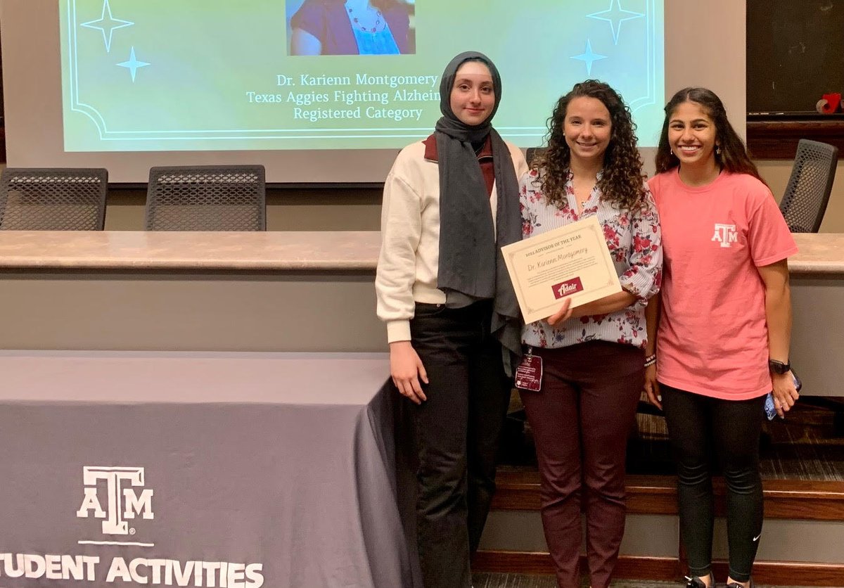 Congrats to <a href="/KariennMontgom2/">Karienn A. Souza</a> for receiving the Adair Advisor of the Year Award, which recognizes outstanding faculty advisors to student orgs. Dr. Montgomery received this award for her work with Texas Aggies Fighting Alzheimer’s.