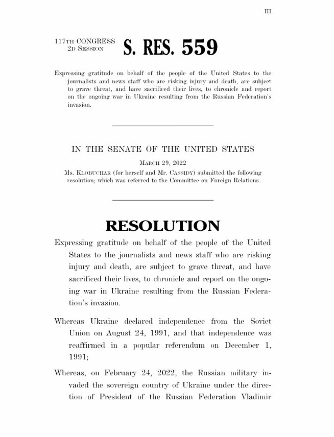 SenatorShaheen's tweet photo. Proud to join this resolution recognizing the brave journalists and news staff who are reporting from the frontlines of the war in Ukraine. 

I am grateful for their ever-important work, risking their lives to shed light on the truth. https://t.co/NaWnx0TpFr