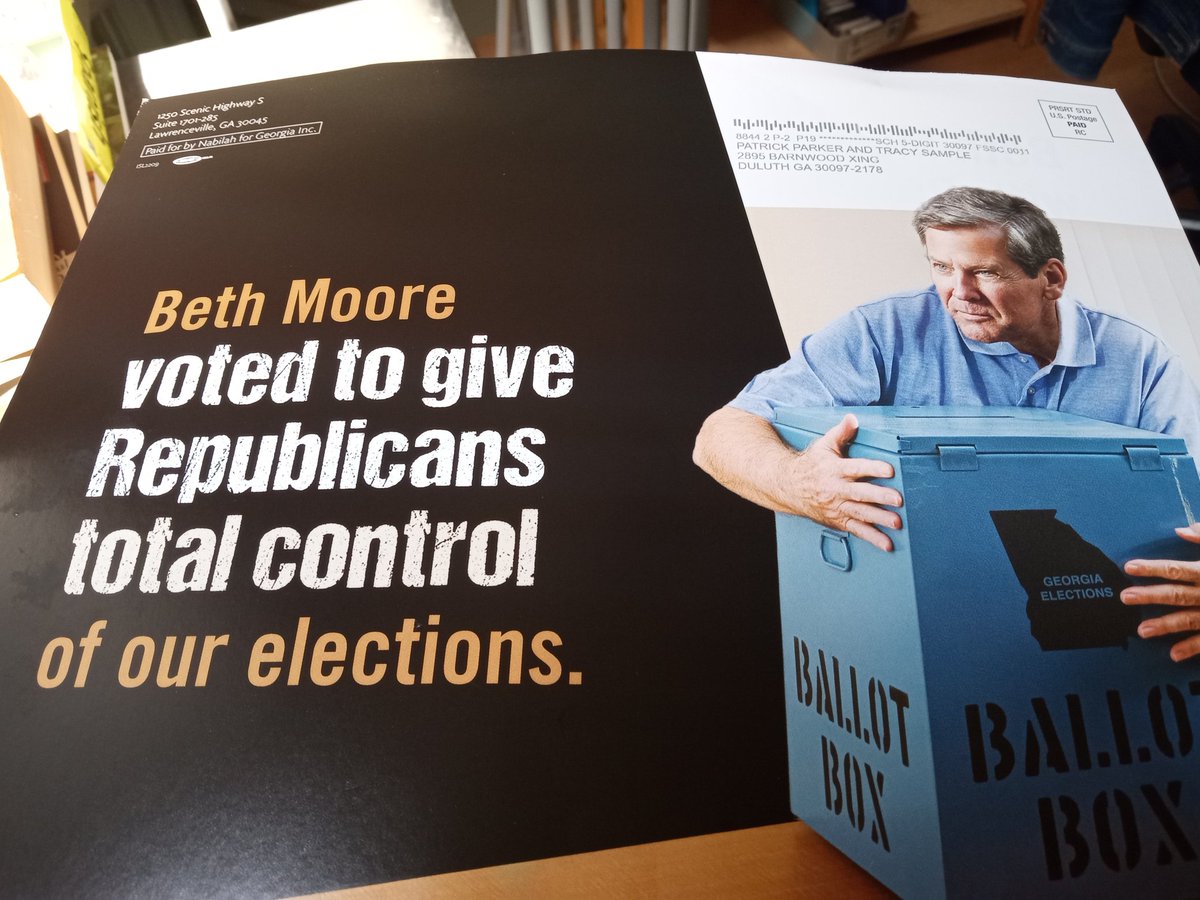 @NabilahIslam, mailing negative campaign ads falsely accusing your highly respected Democratic challenger @MooreForGeorgia of voting to give Republicans total control of our elections, is just the sort of thing that makes average voters tune out when they hear politics.