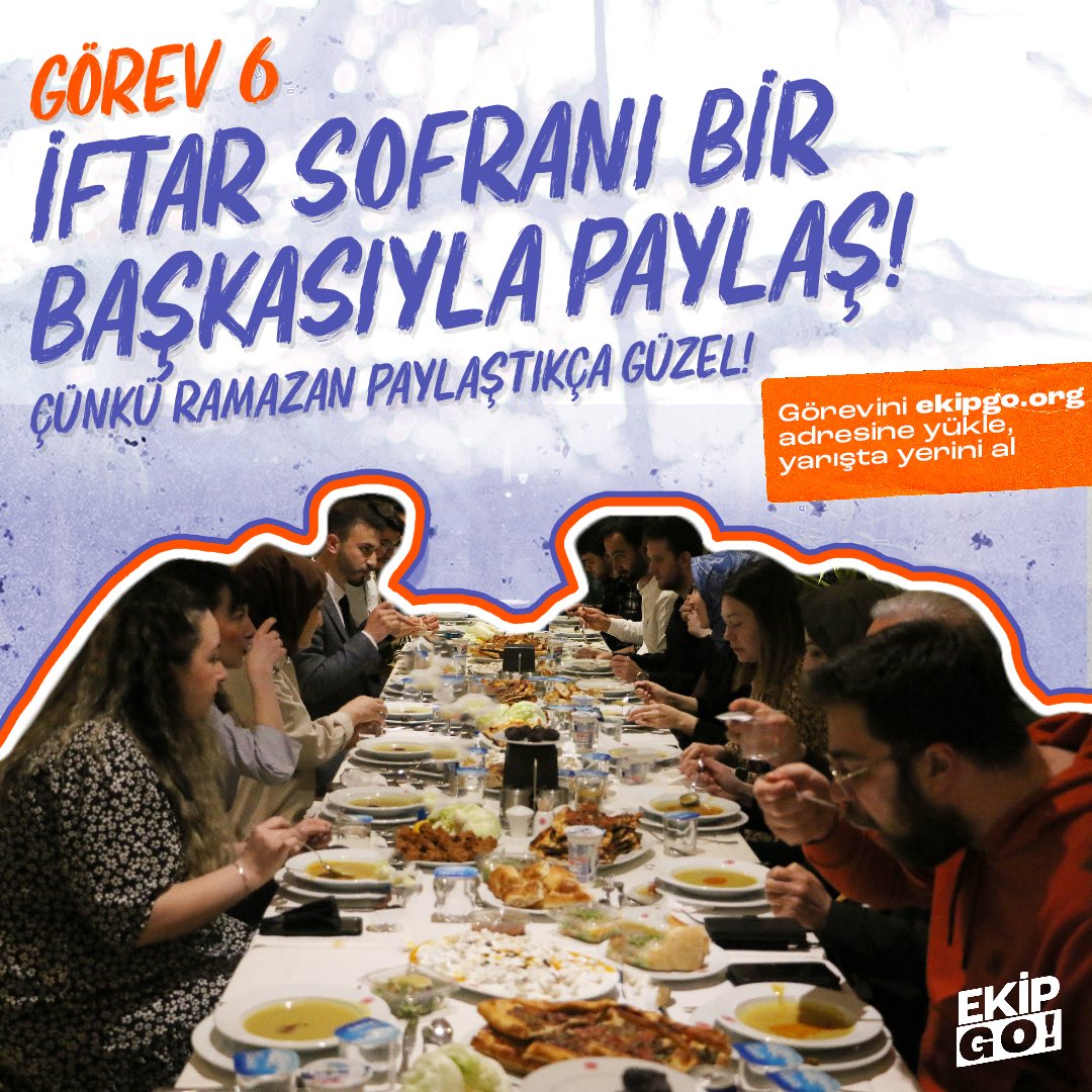 6. Görevimiz iftar soframızı bir başkasıyla paylaşmak. Çünkü Ramazan paylaştıkça güzel! Ramazan vesilesiyle kalabalık sofraların, paylaşılan yiyeceklerin ve hep birlikte açılan oruçların ne kadar değerli olduğunu her yıl tekrar hatırlıyoruz.
#EkipGO