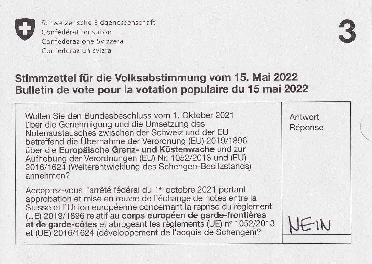 Frommenwiler's tweet photo. Mein Stimmzettel für die eidg. Abstimmungsvorlagen vom 15. Mai 2022:
3 x NEIN !!! https://t.co/w1N0CK5T1e