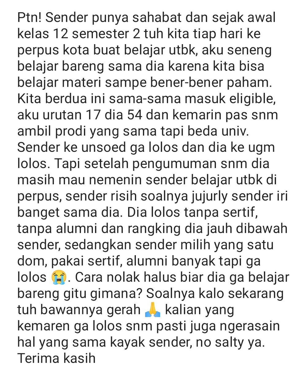 sbmptnfess's tweet photo. Ptn! Jangan salty ya temen-temen 🙏 https://t.co/4RtcetQq5c