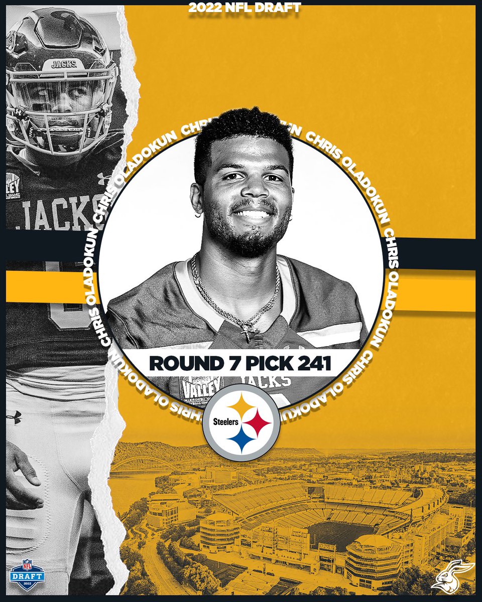 GoJacksFB's tweet photo. 𝐒𝐓𝐄𝐄𝐋 𝐂𝐈𝐓𝐘 𝐁𝐎𝐔𝐍𝐃

@1Chrisoladokun0 is headed to the @steelers 

#NFLJacks x #GoJacks 🐰🏈 https://t.co/pItFUDTcT6