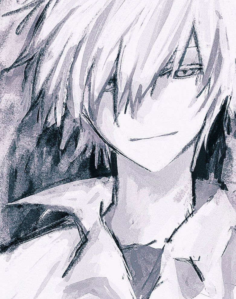 nagisa kaworu 1boy solo male focus monochrome closed mouth smile hatching (texture)  illustration images