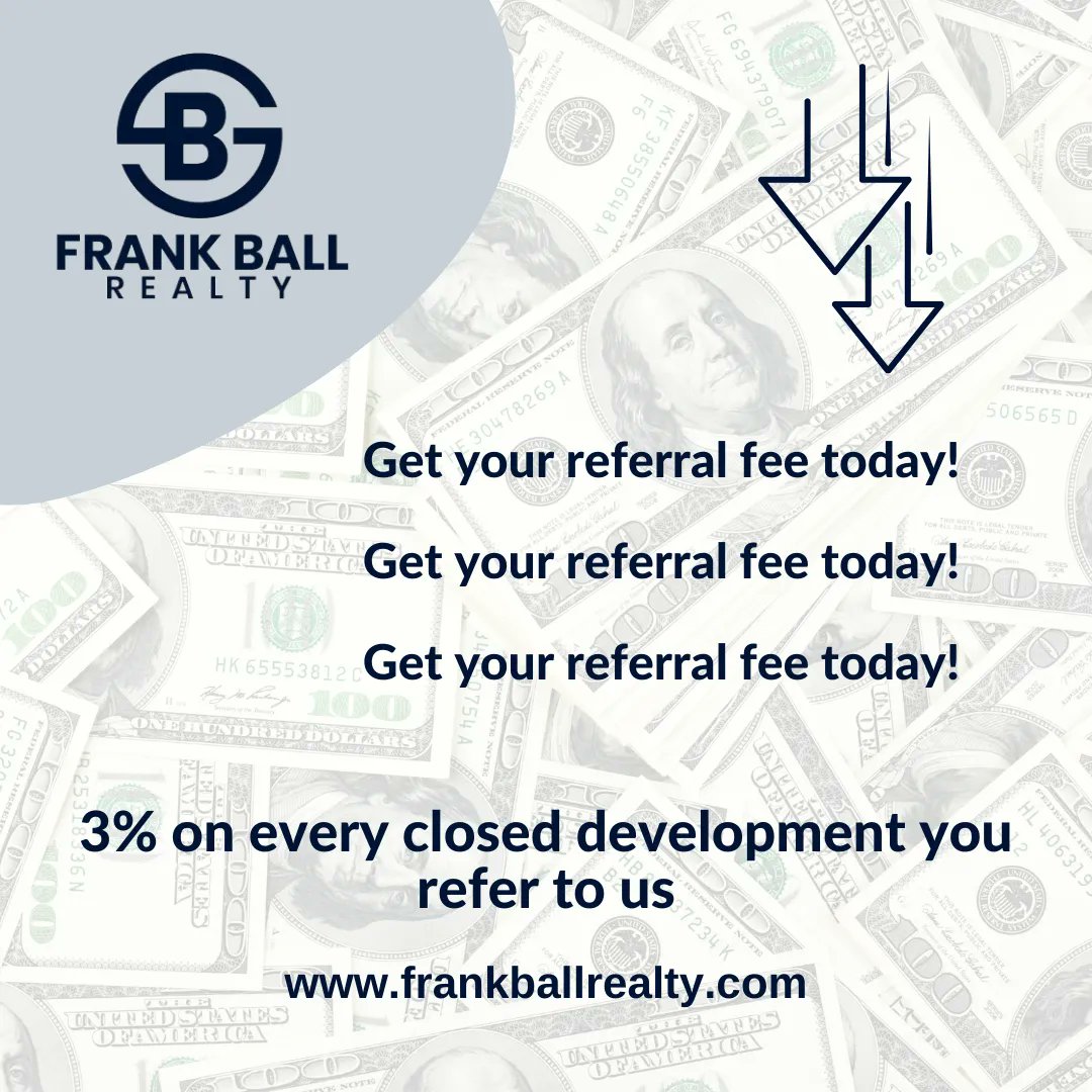 FrankBallRealty's tweet photo. We got referrals for you and your family.
Get 3% of the value of each development that you refer to us, every deal we close means money for you!
.
.
.
#FrankBall #FrankBallRealty #BallDevelopment #RealEstate #Texas #HardWork #Broker #TexasRealEstate #Referral #Money #Investment https://t.co/Ww1ayJYDSM