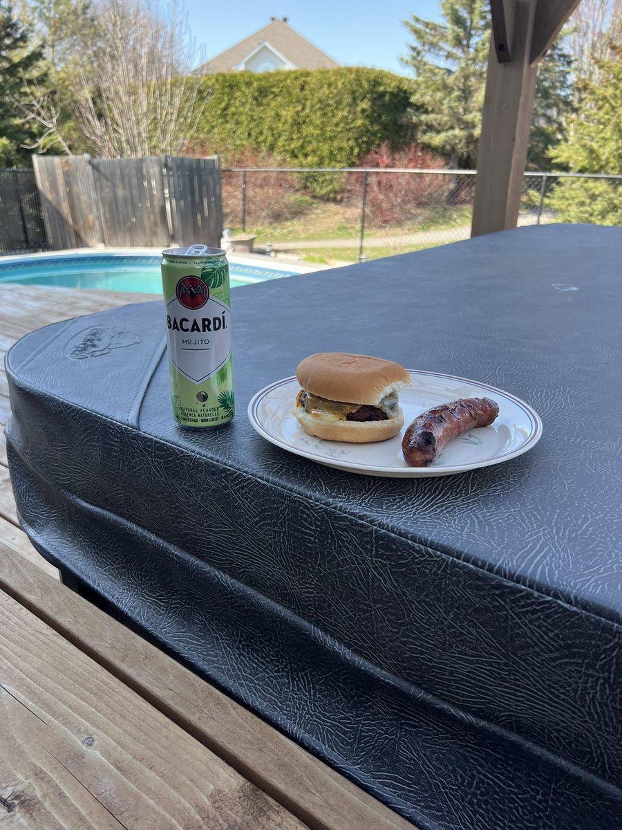 Burgers and cheesy sausage with a mojito while opening the pool seems like a good Saturday afternoon activity.  Especially with <a href="/heathergerrior/">Heather G</a>