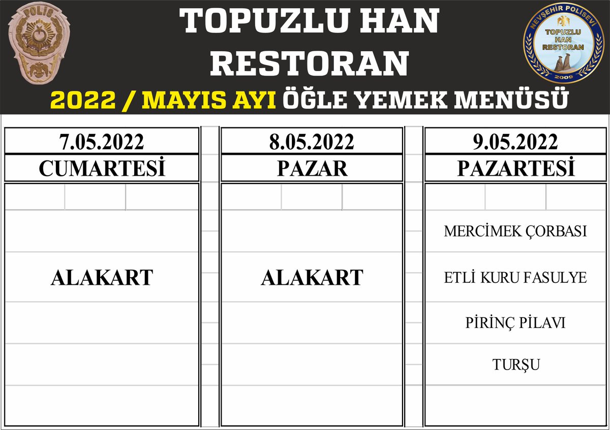 TopuzluHan's tweet photo. 🚨TOPUZLU HAN  RESTORAN🚨
🍴MAYIS 2022 🍽️ ⬇️ÖĞLE YEMEĞİ MENÜSÜ⬇️
Emek Mahallesi Naryolu Sokak No:76 Merkez NEVŞEHİR
Rezervasyon İçin: 0 384 214 37 30 #GüvenliŞehirNevşehir https://t.co/m2Q6xdxeSl