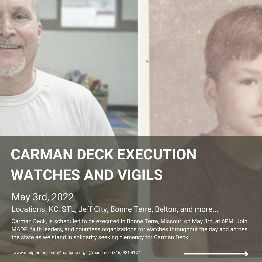 MADPMO's tweet photo. #CarmanDeck is scheduled to be executed by the state of #Missouri on 5/3/22 6PM in #BonneTerre at ERDCC. Stand in solidarity as we seek #ClemencyForCarman and contact @GovParsonMO to #StopExecutions!
https://t.co/PfuUKmAsOy
#DeathIsNotJustice https://t.co/nFtVB01rEY