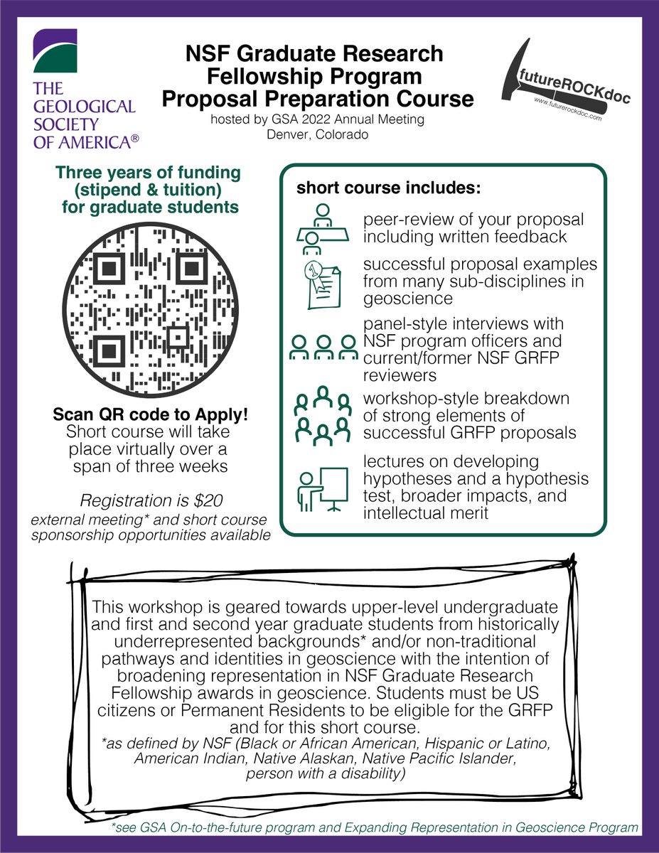 futurerockdoc's tweet photo. 📢Get excited! futureROCKdoc is hosting a short course with @geosociety for URMs in geoscience prepping their GRFPs. More info to come and still seeking GRFP awardees and reviewers to volunteer successful proposals and advice! 🙌 https://t.co/iqgm7uy4fo