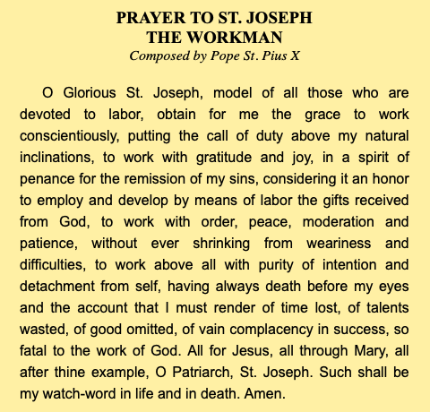 Prayer to Saint Joseph the Workman, composed by Pope Saint Pius X. #StJoseph #StJosephtheWorker