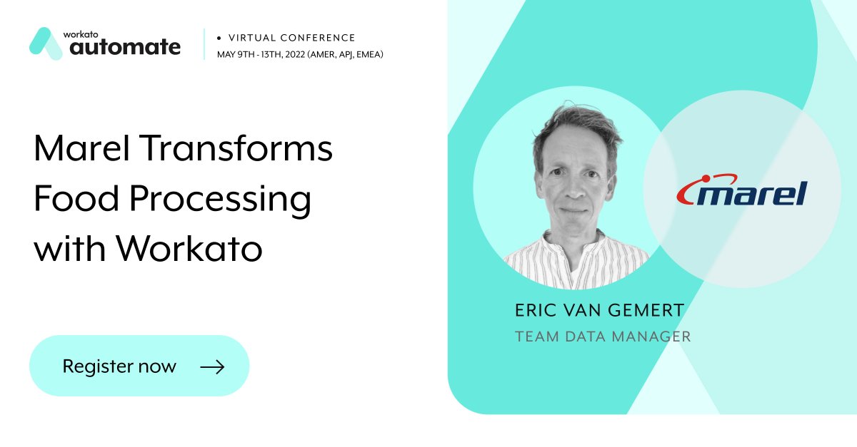Workato's tweet photo. Don’t put data in the corner.
At Automate, Eric van Gemert, Team Data Manager at @Marel_news, will share how he revamped the customer journey with the help of customer and product data.
Free registration: https://t.co/UZXmqcVeZg
#Automate2022 #CIOTrends #EnterpriseAutomation https://t.co/189qzJfKRH