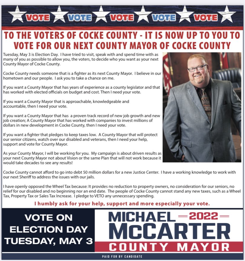 moonshinermike's tweet photo. As Election Day approaches I can honestly say I have stayed positive, ran a clean, factual and honest race. I have ran to give you a choice. Some people become desperate and will do evil and horrible things when they know that they may lose.  Now it’s up to you!  
#mccarter2022 https://t.co/IhDiHG0Ois
